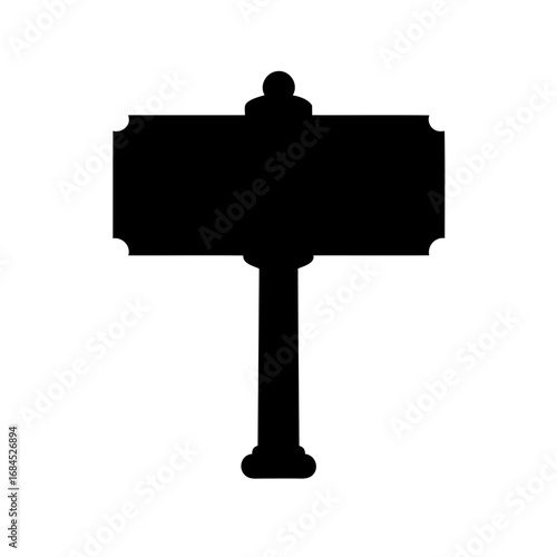 Black and white vintage signage with ornate details and post design