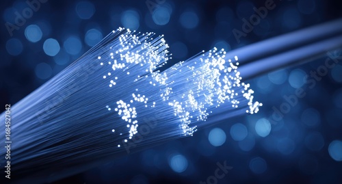 Fiber optic cable, world map shape, glowing light