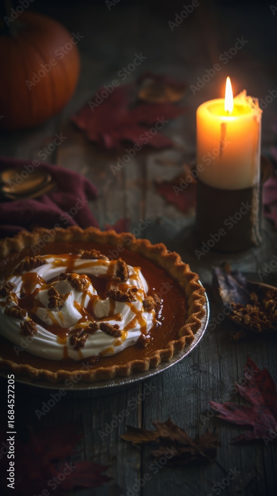 Naklejka premium canadian,whipped,candlelight,thanksgiving,pie,cozy,seasonal,dessert,cream,traditional,food,leaves,harvest,family,autumn,pumpkin,crust,celebration
