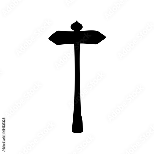 Silhouette of direction signpost against a white background indicating opposite paths