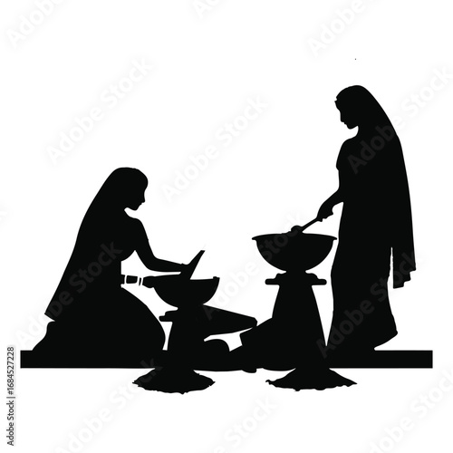 Vector art illustration of Indian women grinding spices