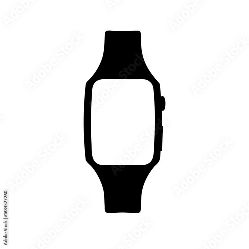 Sleek black smartwatch with a square white screen and curved bands