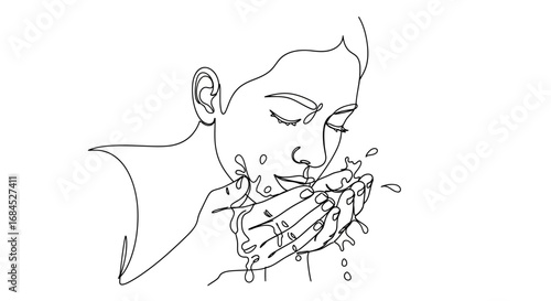 Minimalist line art of woman cleansing face, conveying purity and freshness, depicting skincare