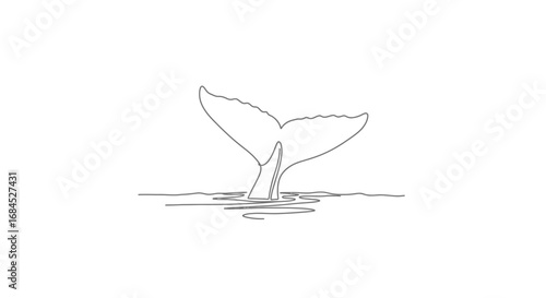 Single line drawing of whale tale emerging from ocean, minimalist illustration