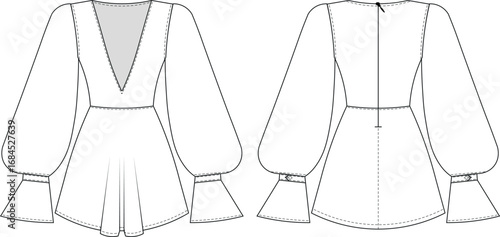 deep v neck poet long sleeve lowcut cutout zippered a line mini short dress template technical drawing flat sketch cad mockup fashion woman design style model 

