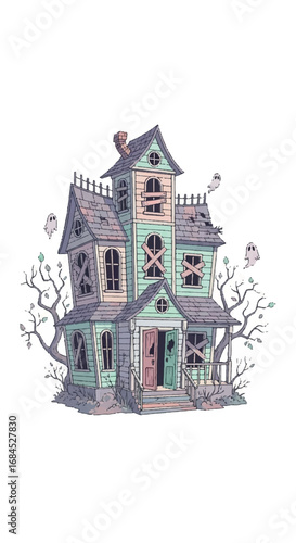 Spooky Haunted House Illustration with Pastel Colors.