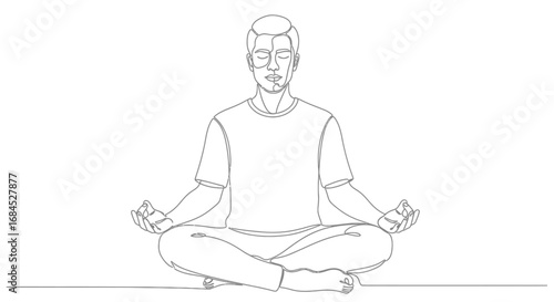 Single line drawing of a man meditating in lotus position, promoting wellness and inner peace