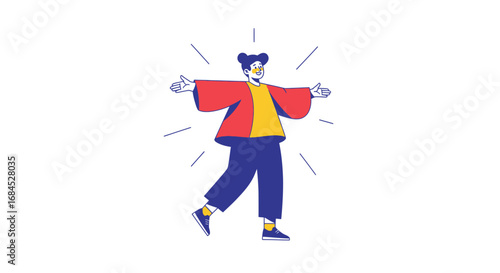 Illustrated character cheerfully stretching arms with radiant background design
