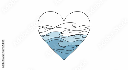Ocean's heartbeat: Serene waves nestled within a heart-shaped silhouette emblemizing love and