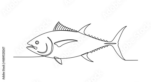 Elegant continuous line drawing showcases a dynamic tuna against a simple background