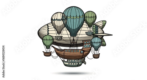 Steampunk Airship and Hot Air Balloons Illustration.
