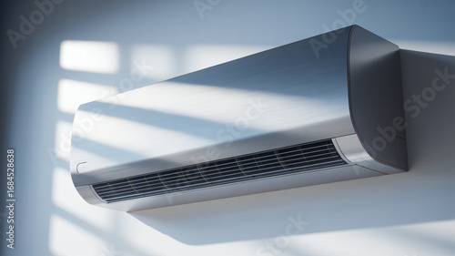 Modern indoor air conditioning unit mounted on a wall with sunlight streaming through a window creating a bright and airy atmosphere