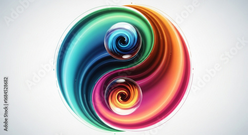 Yin yang symbol abstract art with swirling spheres digital illustration background and wallpaper design