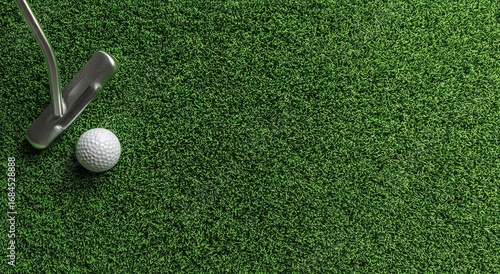Golf putter and ball on artificial green