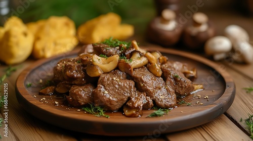 Fried loin in chanterelle mushrooms sauce on wooden table
