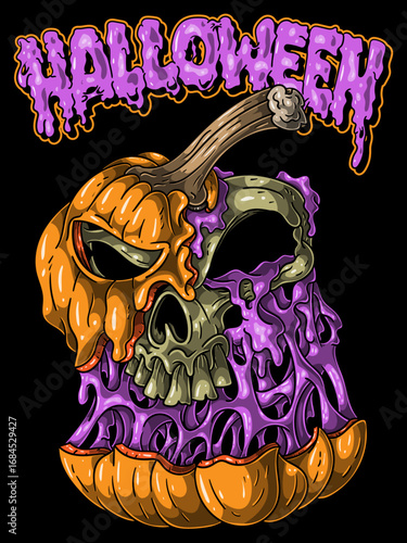 Pumpkin Skull Fusion – Creepy Halloween Horror Illustration