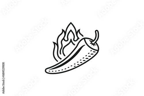 Burning Chili Pepper Line Art Silhouette Icon on a White Background Design