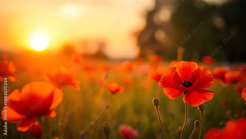 Fototapeta premium Vibrant red poppies glowing under the golden light of a sunset.