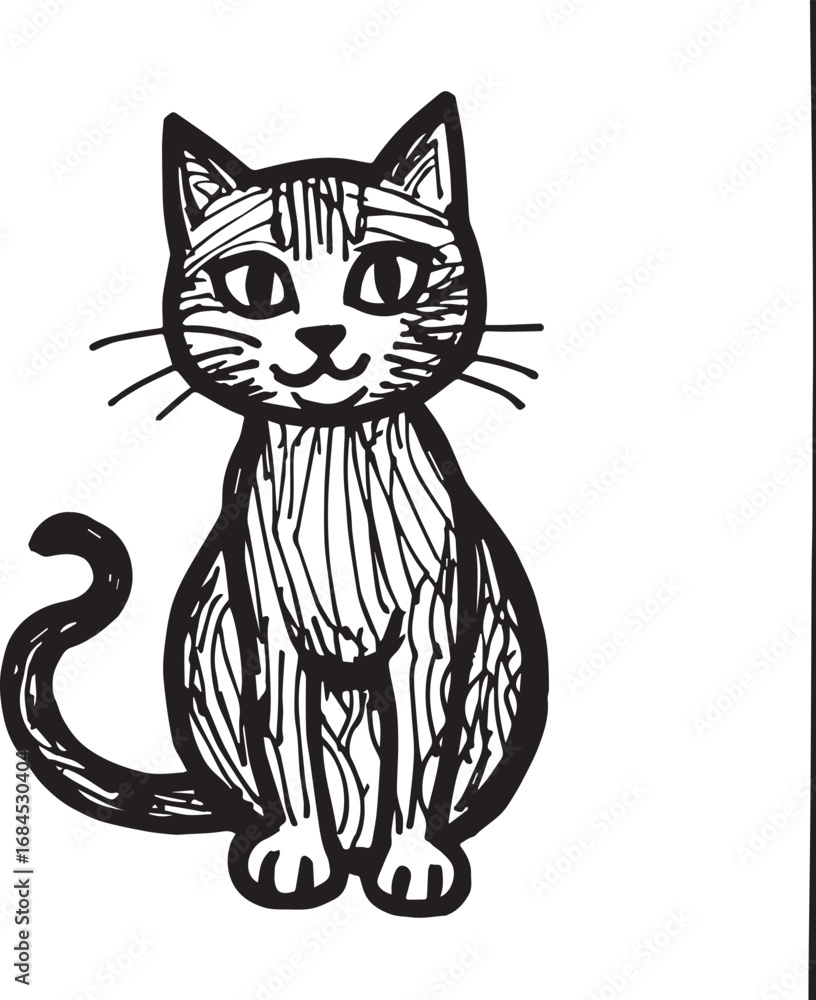 Obraz premium Cat Doodle Black and White Illustration Vector Image Cute Kitten Sketch Line Art Drawing Silhouette 