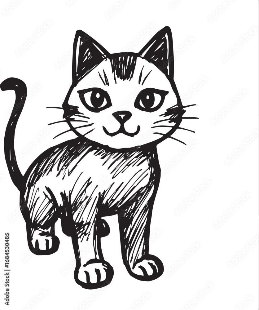 Obraz premium Cat Doodle Black and White Illustration Vector Image Cute Kitten Sketch Line Art Drawing Silhouette 