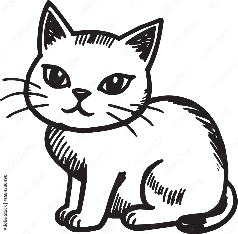 Obraz premium Cat Doodle Black and White Illustration Vector Image Cute Kitten Sketch Line Art Drawing Silhouette 