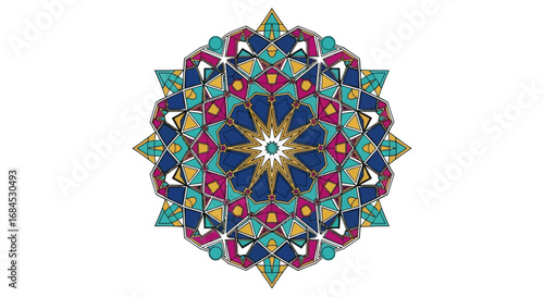 Geometric kaleidoscopic pattern design with colorful triangles and polygons in repeating
