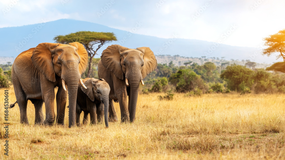 Obraz premium African elephant family walking across golden savanna at sunrise with distant acacia tree and mountain horizon