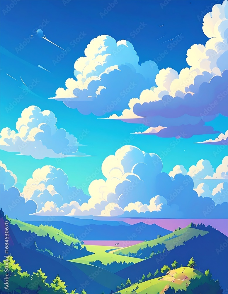 Obraz premium Colorful Hills and Fluffy Clouds Landscape Painting.