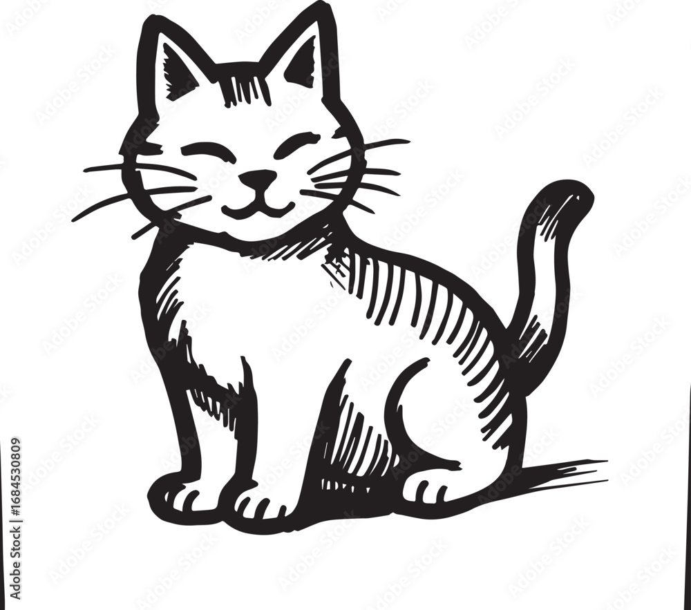 Obraz premium Cat Doodle Black and White Illustration Vector Image Cute Kitten Sketch Line Art Drawing Silhouette