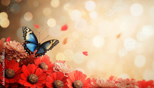 Blue butterfly on red flower with bokeh sunlight and falling petals, delicate spring scene with warm glow and gentle motion
