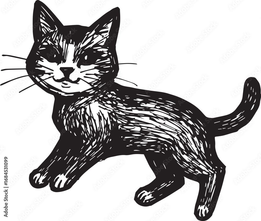 Obraz premium Cat Doodle Black and White Illustration Vector Image Cute Kitten Sketch Line Art Drawing Silhouette