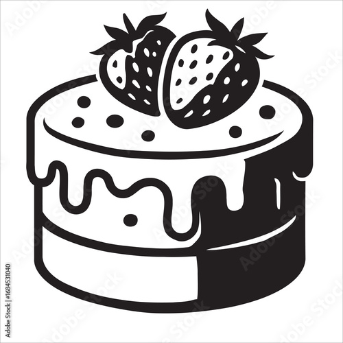 Black and White Strawberry Cake Icon Vector Graphic
