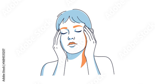 Stressed woman with headache depicted in minimalist illustrative style drawing