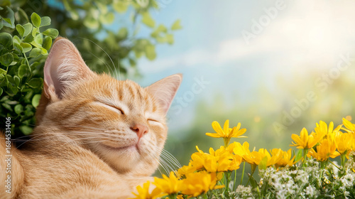 Sleepy orange cat lying among yellow flower and green leaves in sunlight, peaceful mood