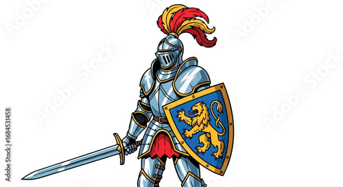 Valiant Knight in Shining Armor with Sword and Shield.