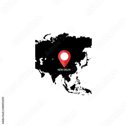 Asia continent illustration with highlighted New Delhi for geographical visualizations