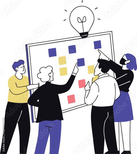 Agile project management team collaboration brainstorming success with sticky notes and lightbulb