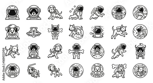 Collection of whimsical dog astronaut illustrations in various poses and contexts