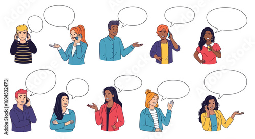 Diverse group engaging conversations using technology, communication channels illustration