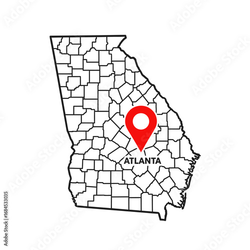 Georgia state map outline with county borders and a marker pinpointing Atlanta city location