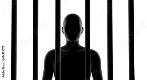 A dark silhouette of a person stands behind jail bars in a stark black and white image representing imprisonment and confinement