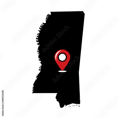 Mississippi state silhouette adorned with vibrant red location pin emblem design