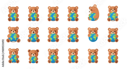 Adorable teddy bear icons hugging planet Earth conveying themes of global awareness and