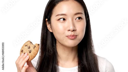 Young Woman Enjoying a Cookie on a white background. generated with ai