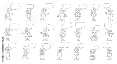 Diverse individuals with speech bubbles offering communication options and vector templates for