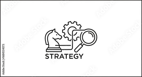 Strategic planning and analysis with chess piece gear and magnifying glass for business success concept