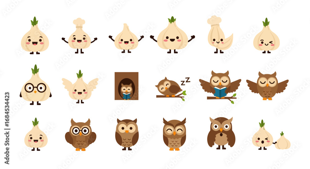 Obraz premium Playful cartoon illustration showcasing whimsical garlic and owl character designs