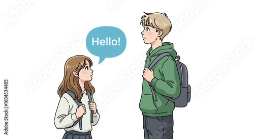 Illustration of two students greeting each other back-to-school excitement and new beginnings