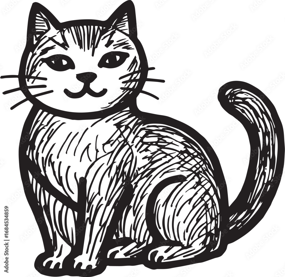 Obraz premium Cat Doodle Black and White Illustration Vector Image Cute Kitten Sketch Line Art Drawing Silhouette 
