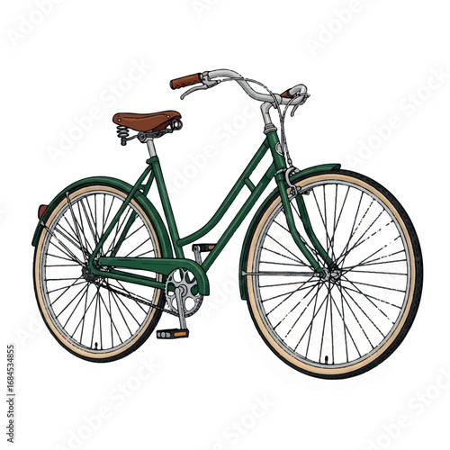 Vintage Green Bicycle with Brown Seat and Handlebars.